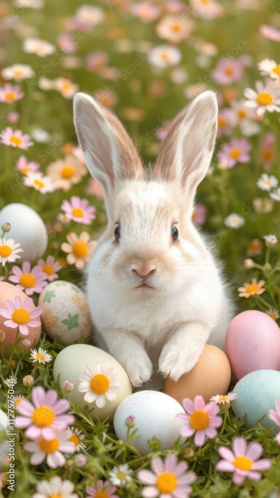 Adorable bunny surrounded by Easter eggs in a flowery meadow, holiday Adorable bunny surrounded by Easter eggs in a flowery meadow, holiday
