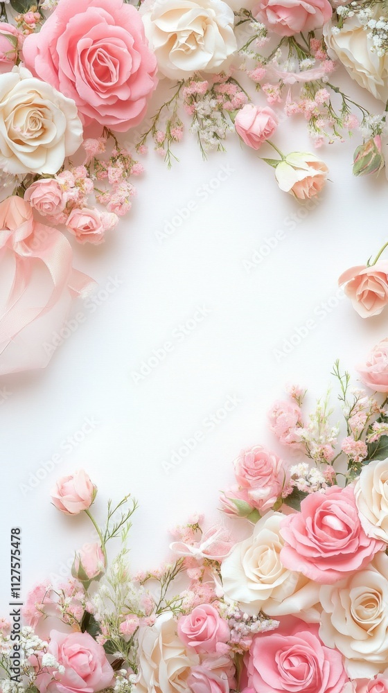 Delicate floral frame of pink and white roses with elegant ribbon accents for girlhood design concept Delicate floral frame of pink and white roses with elegant ribbon accents for girlhood design concept