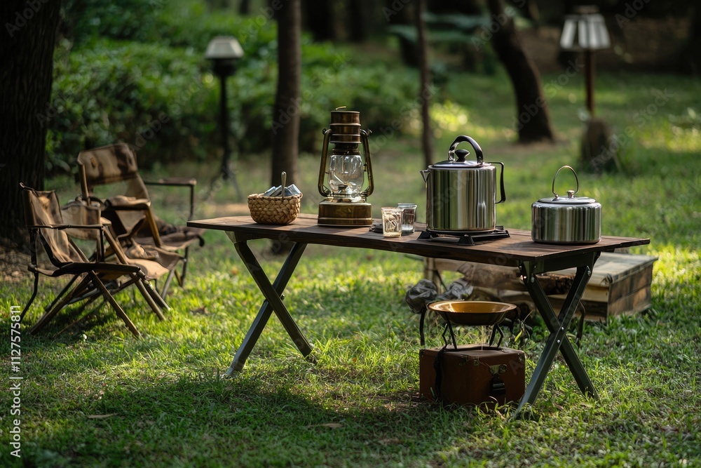 Stylish Outdoor Table Setting: Stainless Steel Kettle, Portable Stove, Bowls, and Vintage Lanterns on Lush Green Camping Lawn