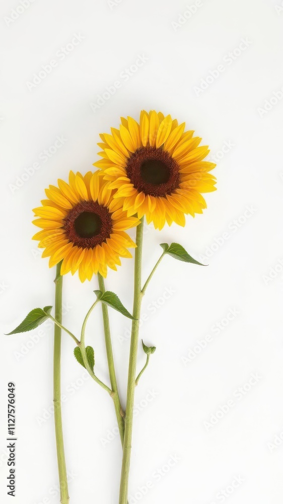 Fototapeta premium Three vibrant sunflower blossoms with long green stems and leaves set against a clean white backdrop, decoration, organic