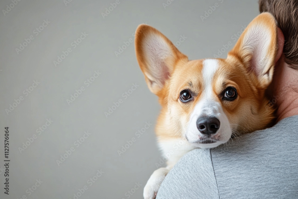 Corgi dog resting on a person's shoulder indoors Corgi dog resting on a person's shoulder indoors