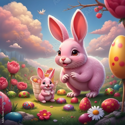 Easter bunnies with flowers and clouds 