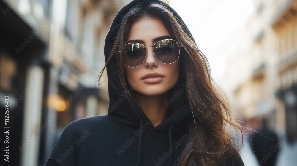 Stylish woman in hoodie and sunglasses walking in the city Stylish woman in hoodie and sunglasses walking in the city
