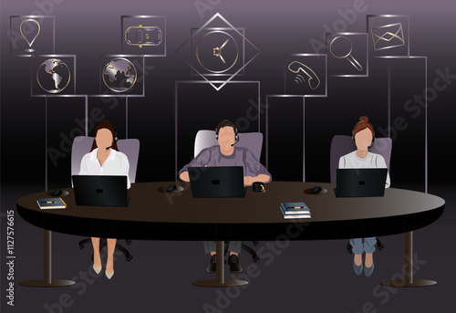 men in a office, working in call center, , logistics, fast express, laptop, computer, businessman vector,book and copybook in a table, coffee, mouse, headphone, letter, phone, search, clock, pen,gps