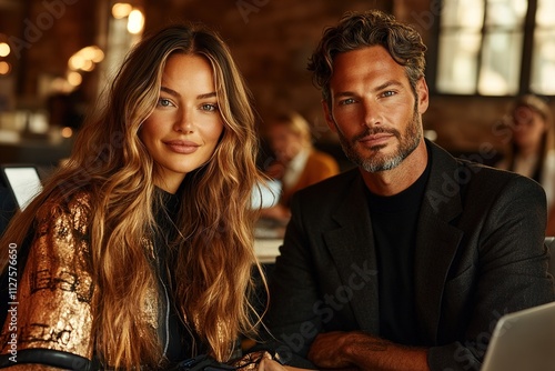 portrait photo people of confident woman and man seated side by side in co-working space