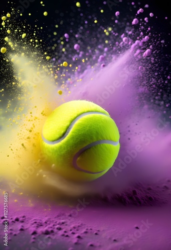 A dynamic tennis ball in mid-air, surrounded by a vibrant explosion of yellow and purple powder against a dark background