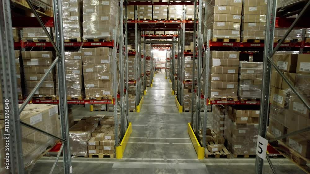 Forklift drives about cardboard plant warehouse with stacked boxes. Special vehicle provides movement of finished material around large hall Forklift drives about cardboard plant warehouse with stacked boxes. Special vehicle provides movement of finished material around large hall