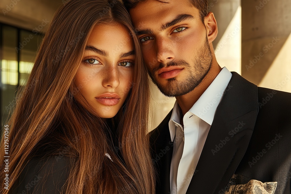 portrait photo people of confident young woman and man standing shoulder to shoulder in modern urban setting