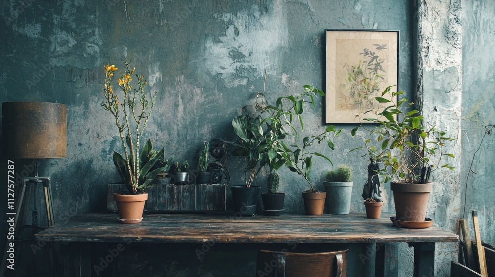 Rustic indoor plant arrangement on a wooden table Rustic indoor plant arrangement on a wooden table