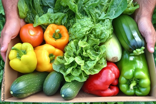 Farmer holding wooden crate full of fresh red and yellow bell peppers and parsley