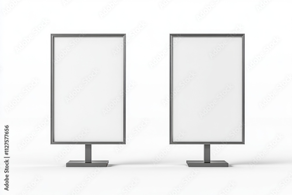 Vertical Metal Sign Stand for Indoor Displays. Blank White Structure for Posters and Advertisements in Lobby and Street Settings Vertical Metal Sign Stand for Indoor Displays. Blank White Structure for Posters and Advertisements in Lobby and Street Settings