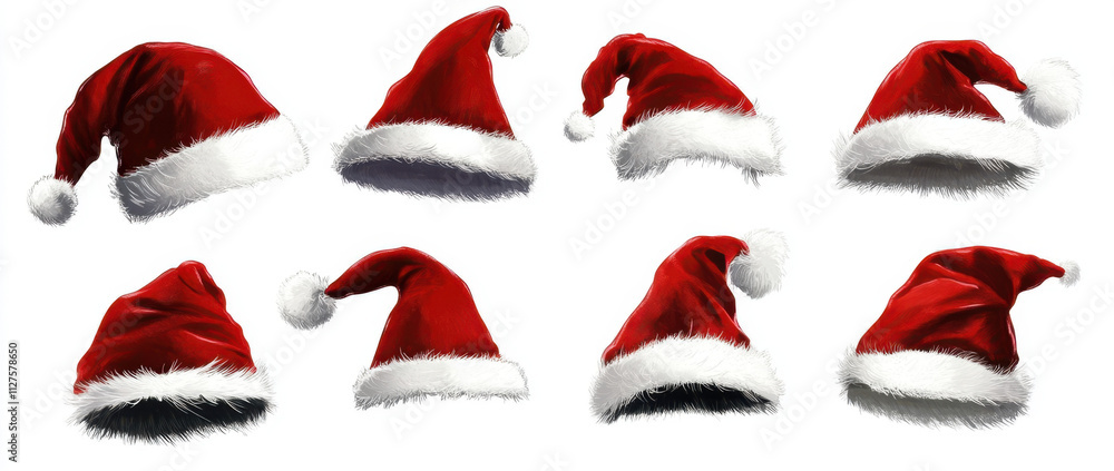 Set of isolated red Santa Claus hats. Collection of bright contrasting hats
Set of isolated red Santa Claus hats. Collection of bright contrasting hats