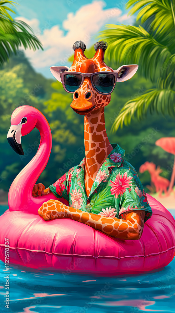 Obraz premium Vibrant Tropical Scene Featuring a Giraffe on a Flamingo Pool Float for Pool Party Invitations