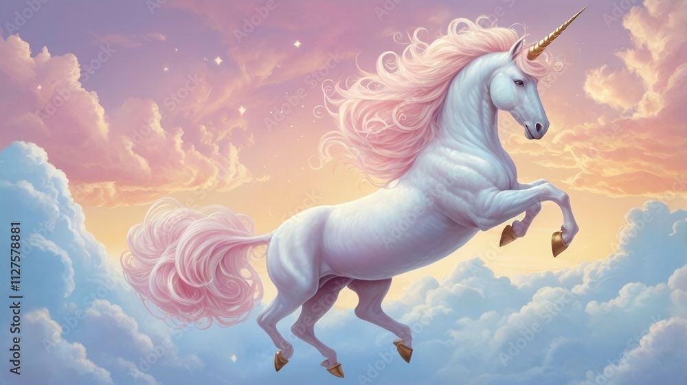 Fototapeta premium A magical white unicorn with a shimmering golden horn and flowing pastel mane, gracefully perched atop a fluffy pink cotton candy cloud floating in a clear blue sky.