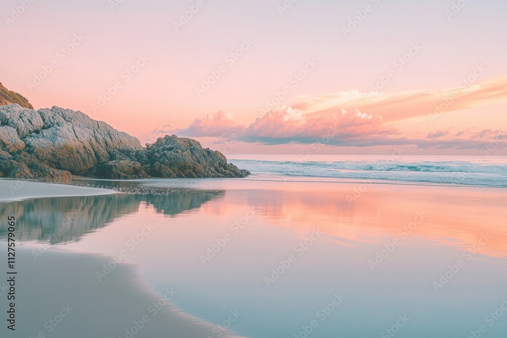 Fototapeta premium A beautiful beach with a pink sky and a reflection of the sky in the water
