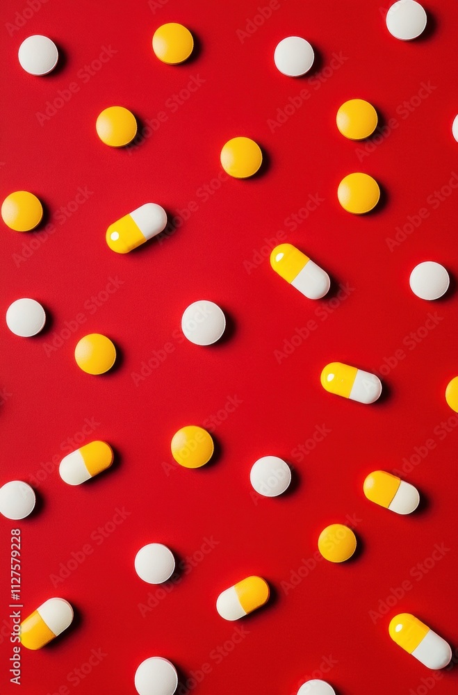 A red background with many white and yellow pills scattered around A red background with many white and yellow pills scattered around