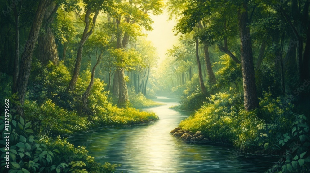 Obraz premium Serene forest stream, sunlight dappled, lush greenery.