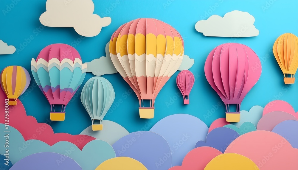 Fototapeta premium A beautiful paper cut illustration of vibrant multicolored hot air balloons on a blue sky