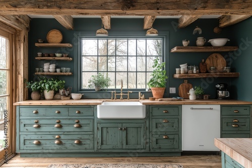 Rustic farmhouse kitchen with green cabinets, wood shelves, and large window. photo