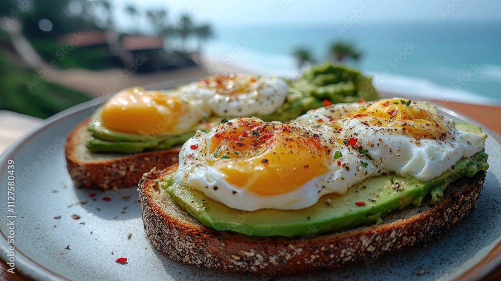 A delicious plate of avocado toast topped with poached eggs, served with a scenic ocean view. A delicious plate of avocado toast topped with poached eggs, served with a scenic ocean view.