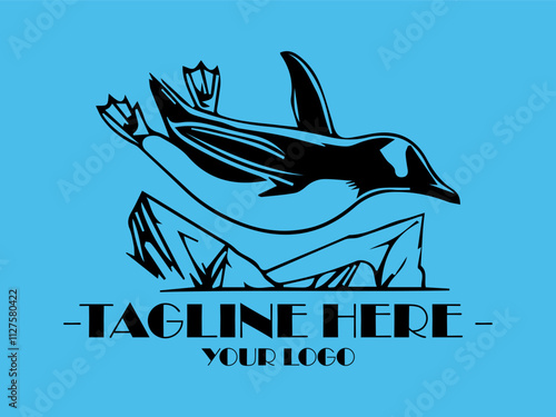 Black penguin diving into water near a large rock, suitable for marine life or naturethemed designs, emphasizing gracefulness in movement