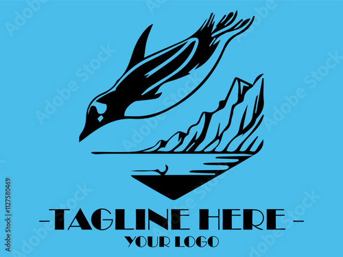 Black penguin diving into water near a large rock, suitable for marine life or naturethemed designs, emphasizing gracefulness in movement