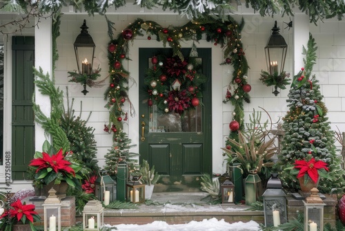 Festive holiday decorations adorn a green front door with garlands and poinsettias in a winter setting photo