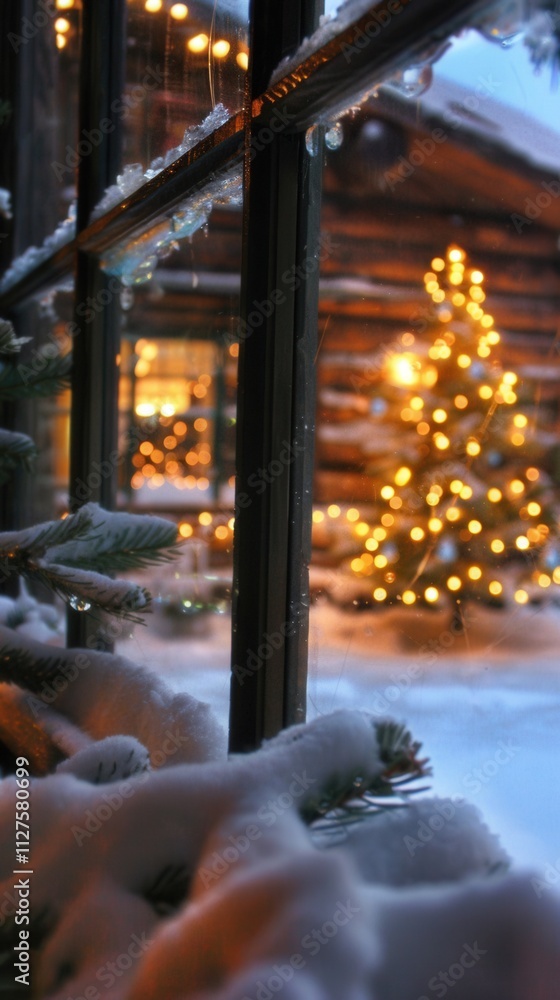 Cozy winter cabin decorated with lights and Christmas tree amidst snowfall at night Cozy winter cabin decorated with lights and Christmas tree amidst snowfall at night