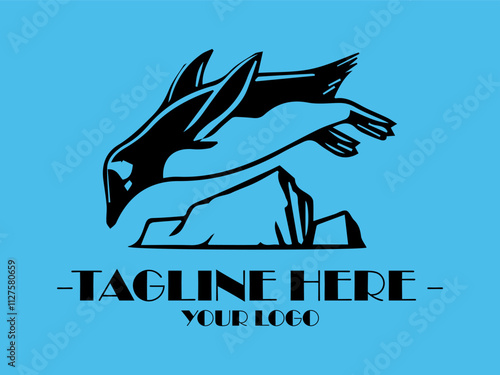 Black penguin diving into water near a large rock, suitable for marine life or naturethemed designs, emphasizing gracefulness in movement