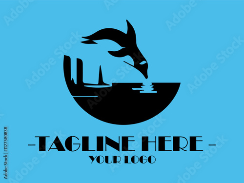 Black penguin diving into water near a large rock, suitable for marine life or naturethemed designs, emphasizing gracefulness in movement