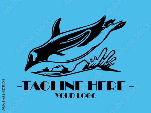 Black penguin diving into water near a large rock, suitable for marine life or naturethemed designs, emphasizing gracefulness in movement