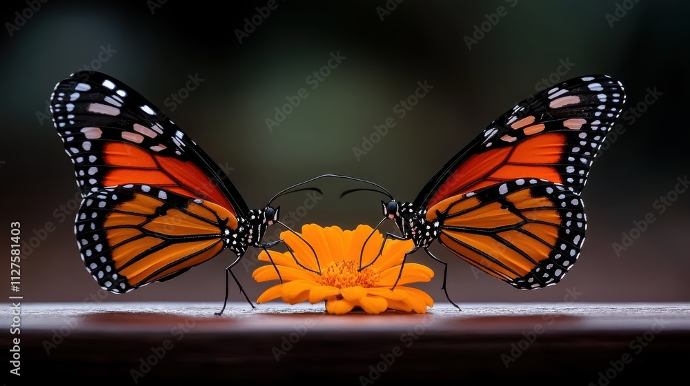 Fototapeta premium A beautifully captured image of two butterflies facing each other on a single yellow flower, reflecting a sense of connection, harmony, and balance in nature.