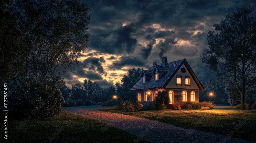 Serene Nightscape: Home Illuminated Under Cloudy Evening Sky Serene Nightscape: Home Illuminated Under Cloudy Evening Sky