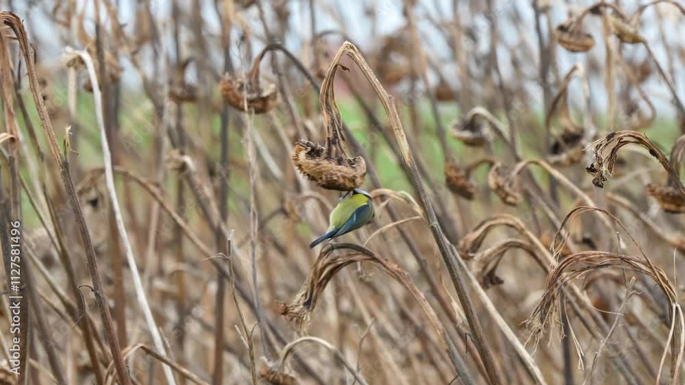 a blue tit (Cyanistes caeruleus) hangs upside down, feeding on a winter sunflower head a blue tit (Cyanistes caeruleus) hangs upside down, feeding on a winter sunflower head