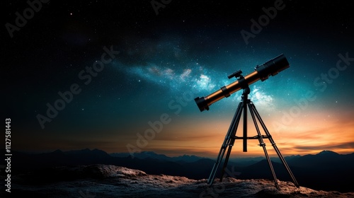 A telescope stands majestically against a backdrop of stars and the Milky Way, symbolizing exploration, wonder, and the endless possibilities of the universe. photo