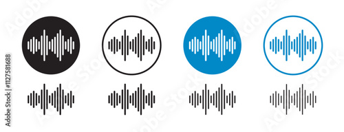 Set of 8 "Sound wave" icons with an unexpanded vector & 1 silhouette - Sound wave icon representing audio music voice frequencies use in podcasts music apps sound editing software UI/UX design