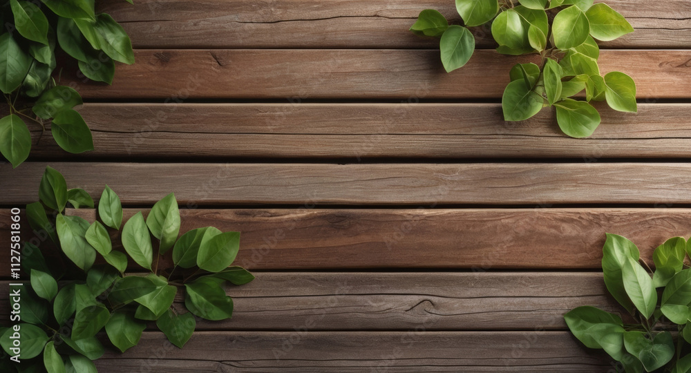 Green leaves frame arranged around horizontal wooden planks. Brown wood surface, wall or fence. Rustic texture. Front view. For banner, poster, advertising, design. Space for text Green leaves frame arranged around horizontal wooden planks. Brown wood surface, wall or fence. Rustic texture. Front view. For banner, poster, advertising, design. Space for text