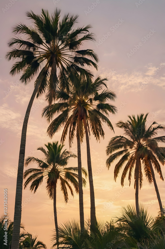 A line of tall, graceful palm trees swaying in a gentle breeze, set against a warm, pastel-colored sky during golden hour. The textures of the trunks and fronds are in sharp focus, adding depth to the A line of tall, graceful palm trees swaying in a gentle breeze, set against a warm, pastel-colored sky during golden hour. The textures of the trunks and fronds are in sharp focus, adding depth to the