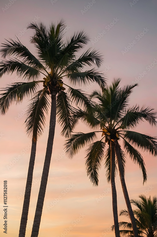 Obraz premium A line of tall, graceful palm trees swaying in a gentle breeze, set against a warm, pastel-colored sky during golden hour. The textures of the trunks and fronds are in sharp focus, adding depth to the