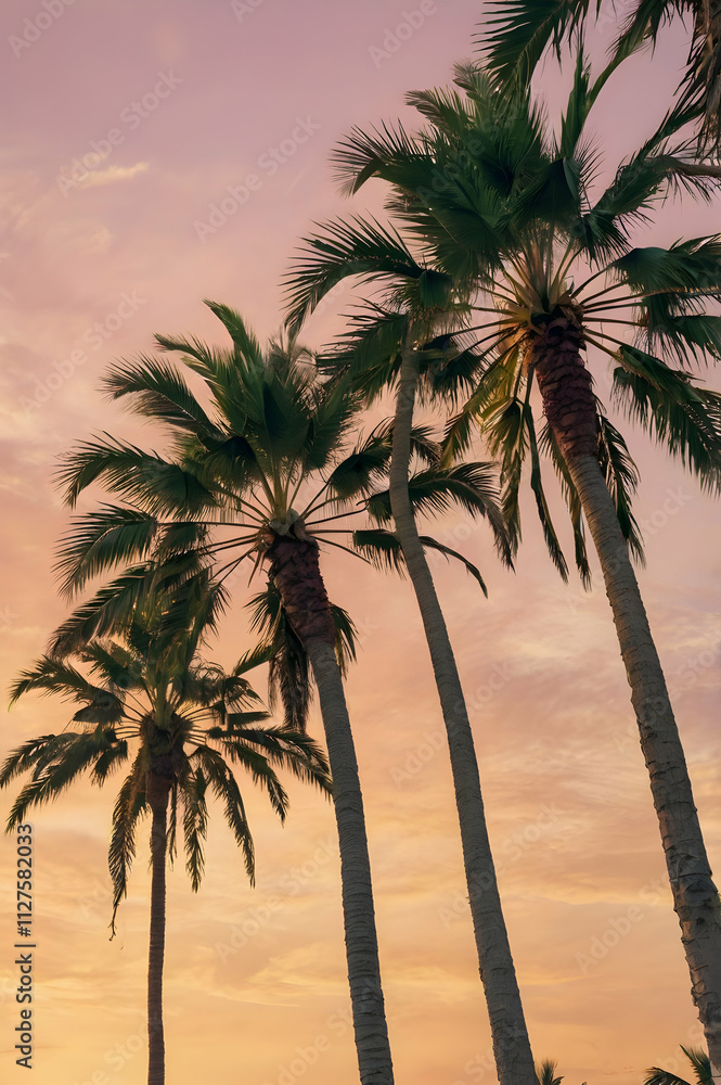 A line of tall, graceful palm trees swaying in a gentle breeze, set against a warm, pastel-colored sky during golden hour. The textures of the trunks and fronds are in sharp focus, adding depth to the A line of tall, graceful palm trees swaying in a gentle breeze, set against a warm, pastel-colored sky during golden hour. The textures of the trunks and fronds are in sharp focus, adding depth to the