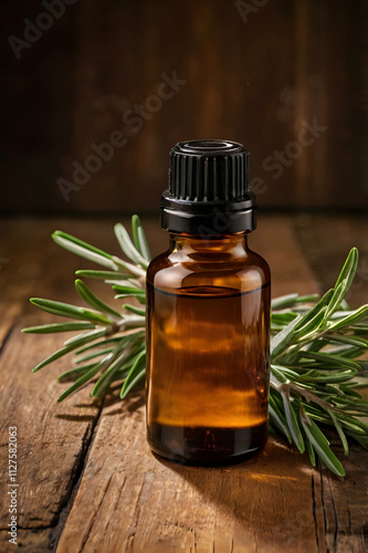 A sleek amber bottle of rosemary essential oil, surrounded by fresh rosemary sprigs forming a circular pattern. The composition is set on a rustic wooden table, with warm, diffused light highlighting 