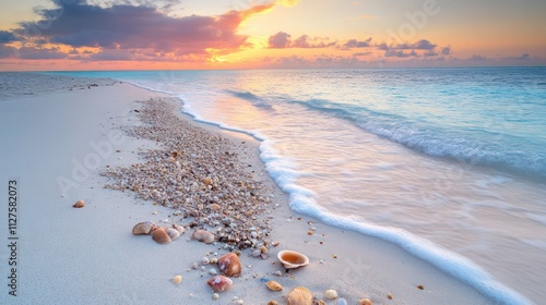 White sand beach covered with small shells and coral pieces, with gentle waves lapping and a warm pink sunset.