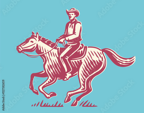 Cowboy sits astride a running horse. Ranch, rodeo, equitation emblem. Hand drawn vector illustration
