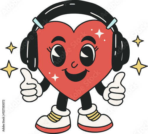 A vibrant cartoon music heart in headphones, love mascot character with Valentine cute funnysmile face in a retro style. Vector illustration for Valentines day. 