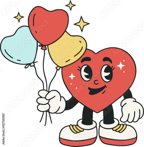 A vibrant cartoon heart love mascot character with holiday balloons Valentine cute funnysmile face in a retro style. Vector illustration for Valentines day. 