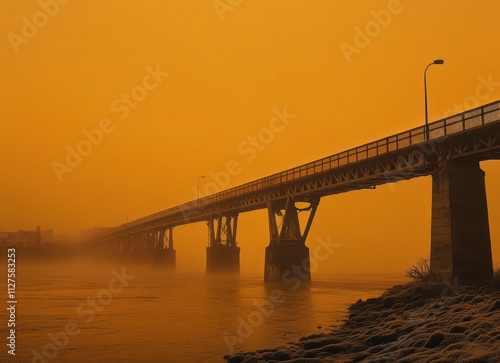 A bridge over a river with fog in the background