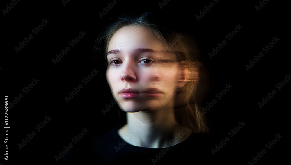 Fototapeta premium Woman, mental health or depression with blur face in studio for identity crisis, psychotic disorder or bipolar. Psychology, female person or distorted with trauma or schizophrenia on black background