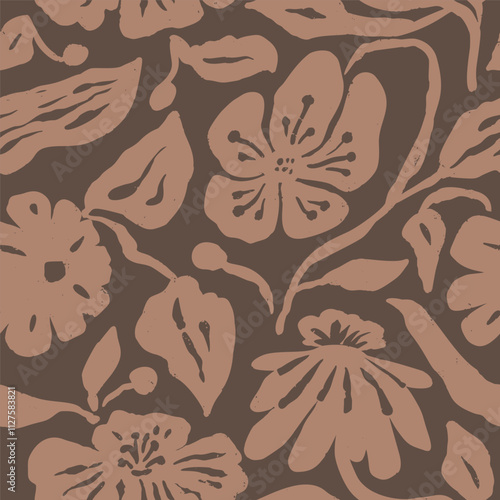 Brush strokes inky flowers brown seamless pattern. Abstract floral contemporary background. Textured botanical minimalist wallpaper