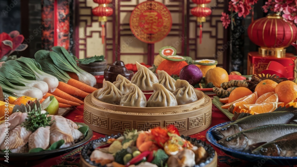 Fototapeta premium Celebratory Chinese Feast: Dumplings and Fresh Produce on a Festive Table. A vibrant table set with traditional Chinese food, featuring dumplings, fresh vegetables, and fruits for a festive...