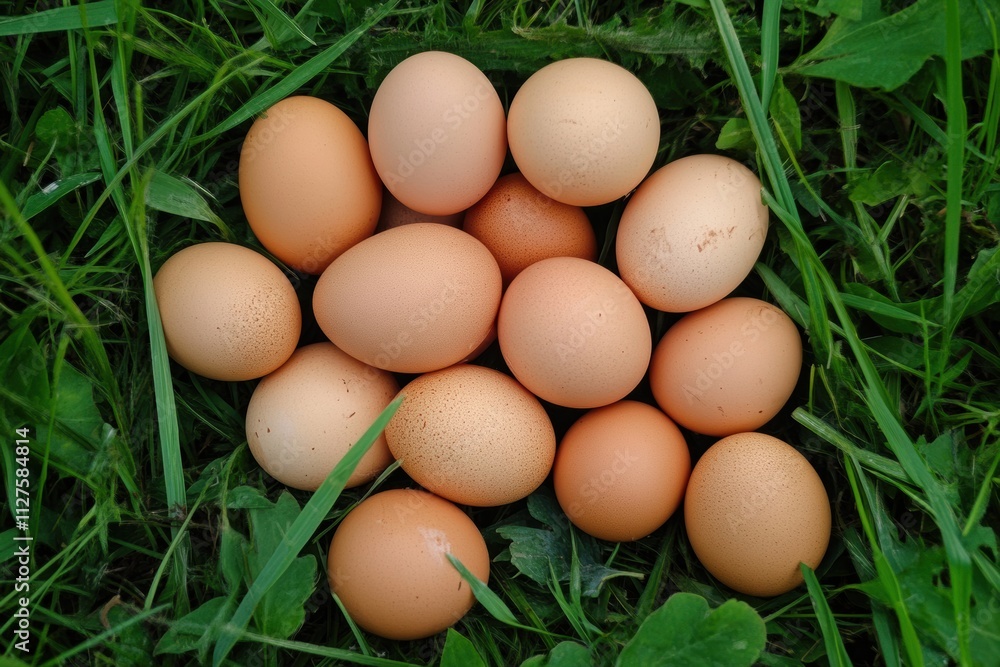 A bunch of eggs are laying on the grass A bunch of eggs are laying on the grass
